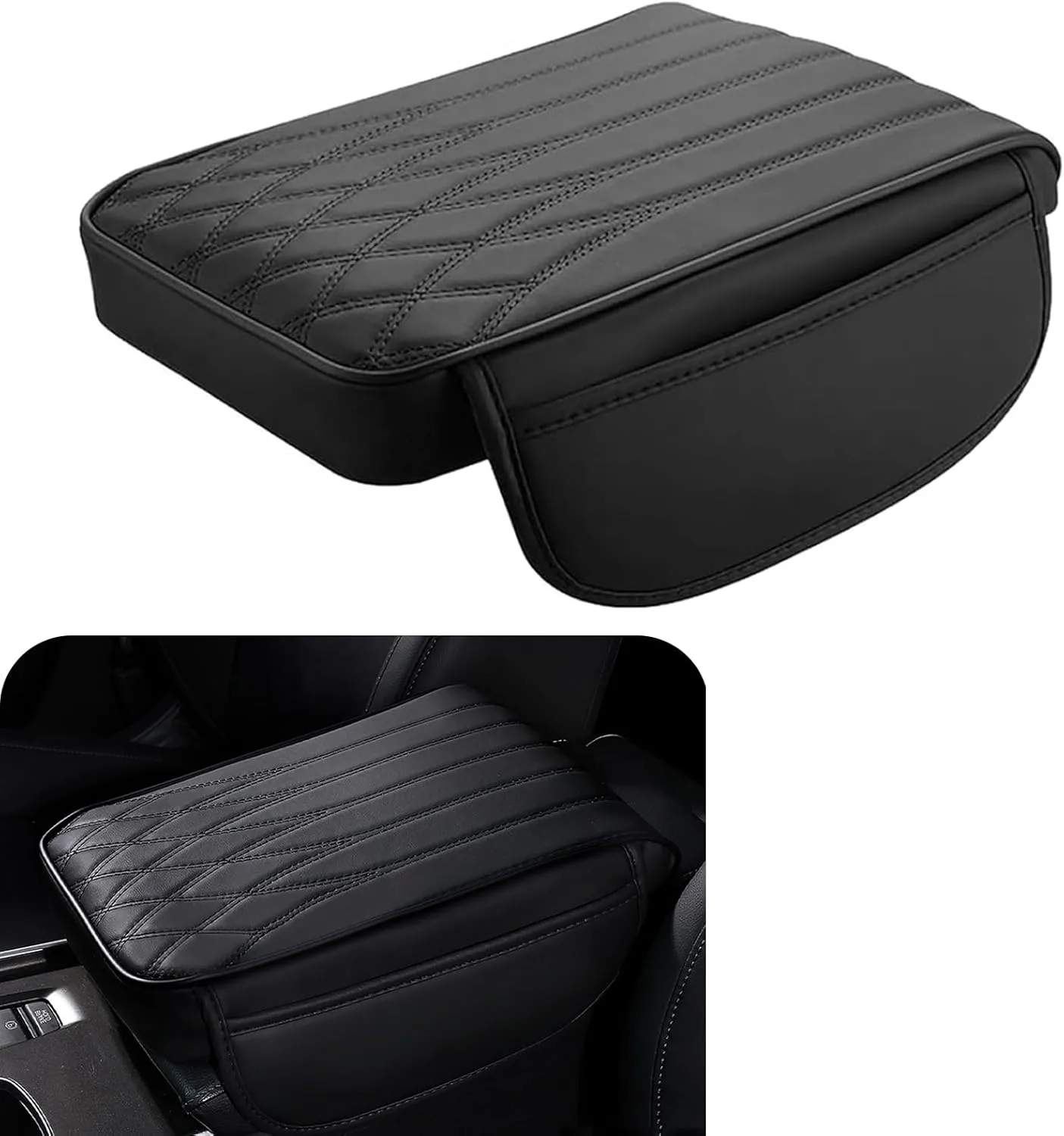 1 PC Car Center Console Cover, 8.66In x 12.59In x 1.96In Side Pocket Design, Waterproof Leather Vehicle Arm Rest Cushion, Universal Automotive Consoles Hand Rest Pillow (Black)
