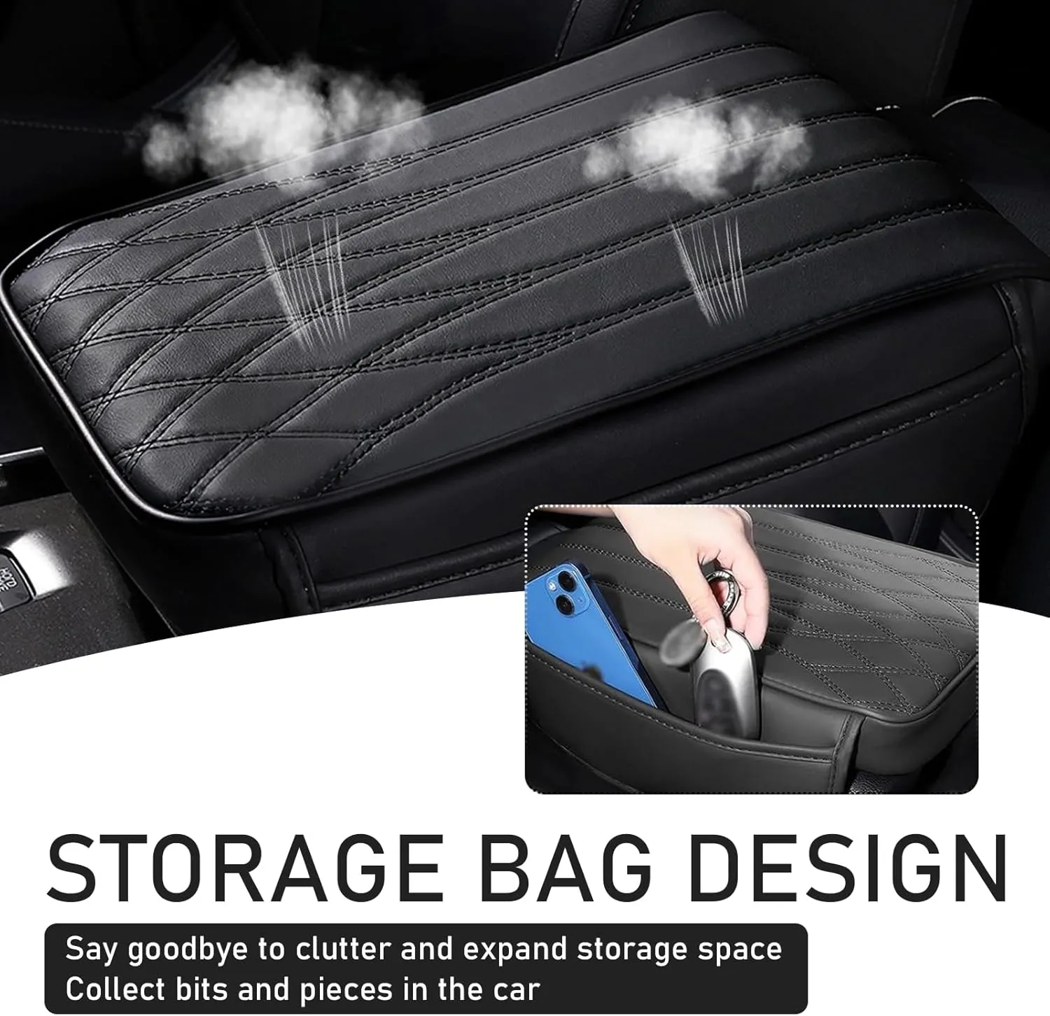 1 PC Car Center Console Cover, Leather Center Console Protector with 2 Storage Bags, 12.59" x 8.66" x 1.96" Armrest Pad, Universal Car Armrest Storage Box for Most Vehicles (Black)