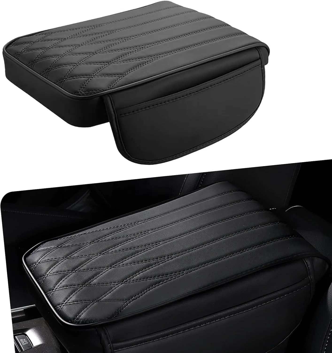 1 PC Car Center Console Cover, Leather Center Console Protector with 2 Storage Bags, 12.59" x 8.66" x 1.96" Armrest Pad, Universal Car Armrest Storage Box for Most Vehicles (Black)