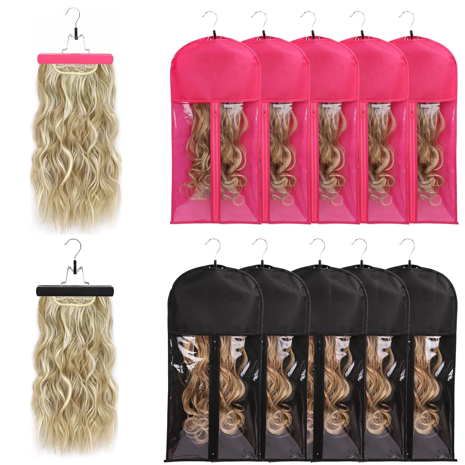 10 PCS Wig Bag - Multiple Wig Storage with Hanger & Anti-slip Hair Extension Holder (5PCS BLACK   5PCS ROSE)