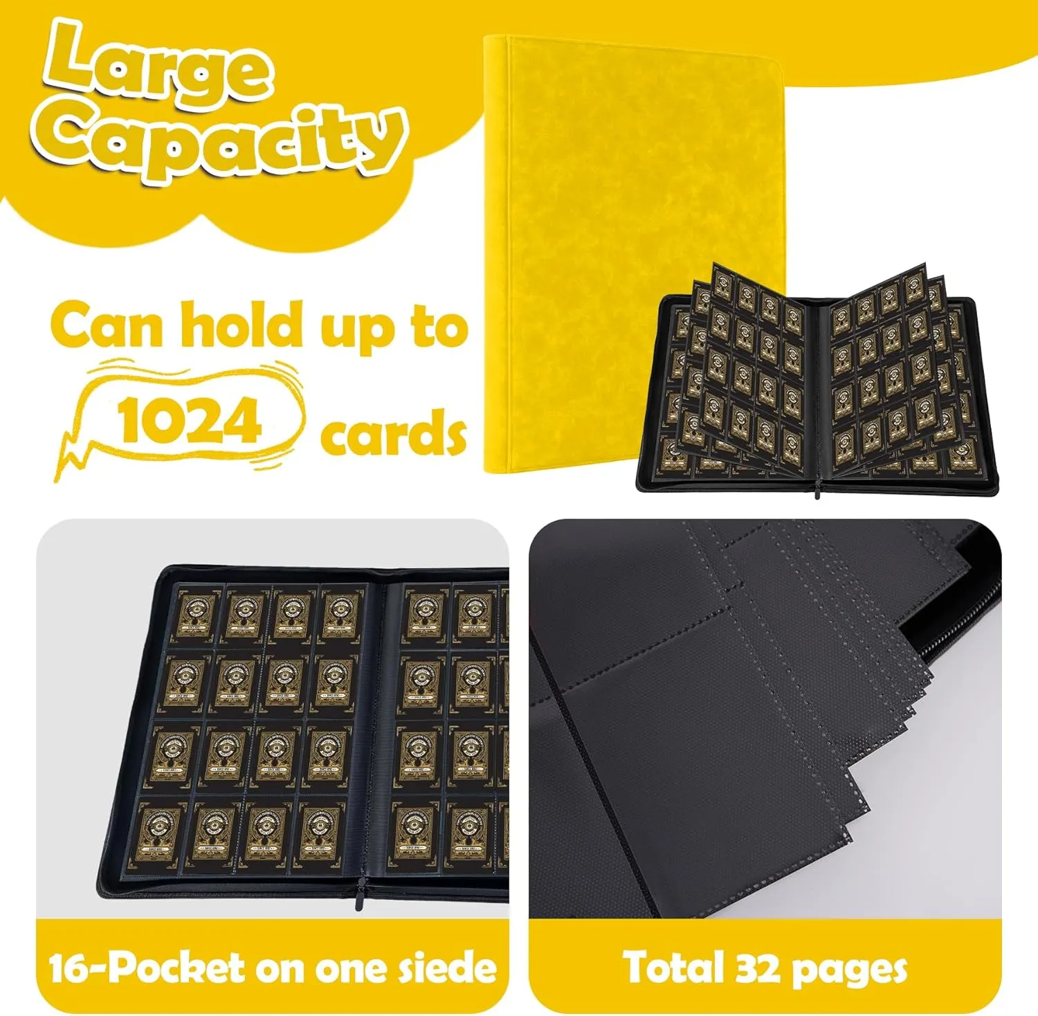 1000  Pockets Trading Card Binder, 16 Pockets Trading Card Binder Ringless Side Loading Trading Card Album Folder for TCG,MTG,Sports Cards(Yellow)