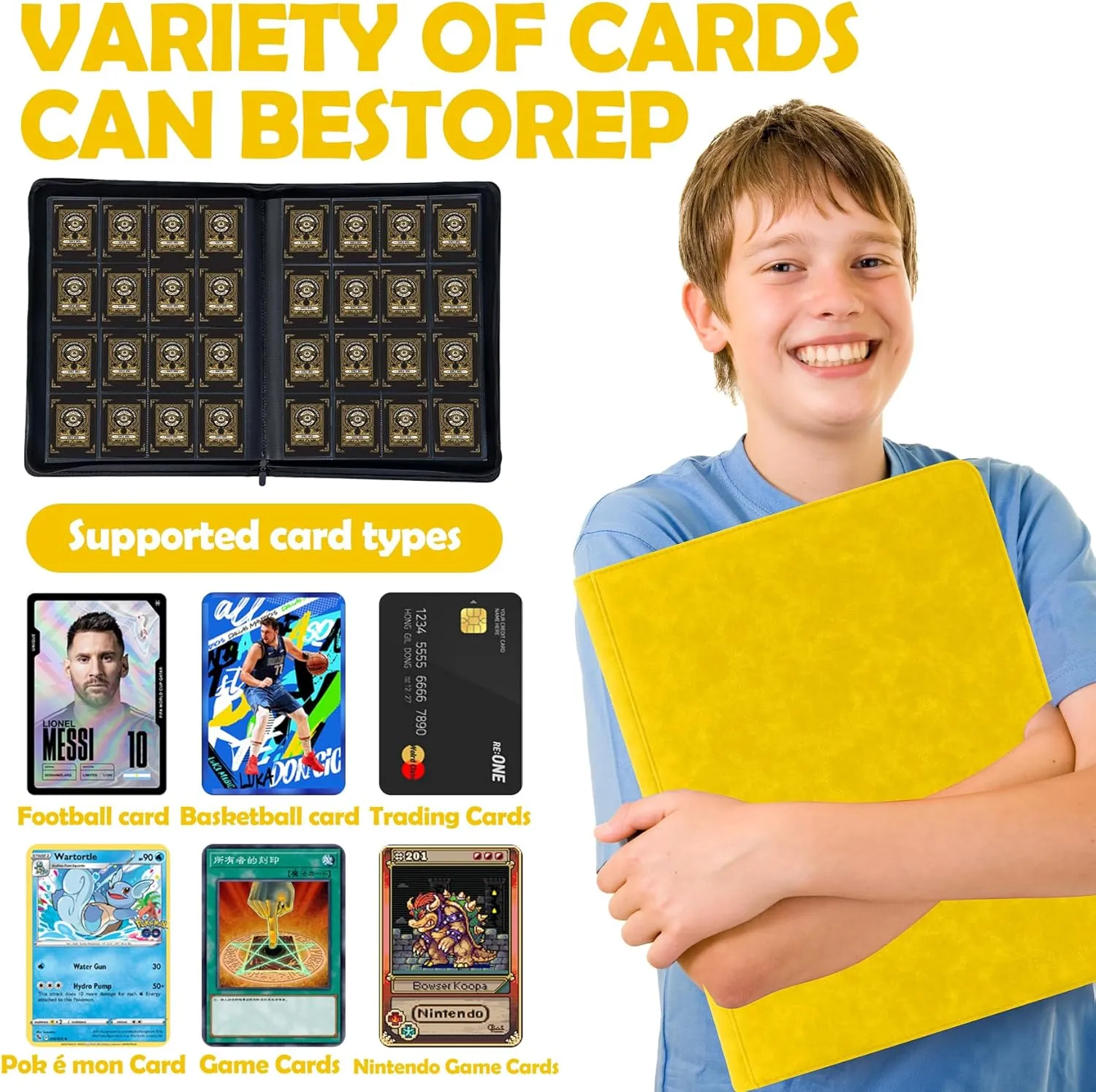 1000  Pockets Trading Card Binder, 16 Pockets Trading Card Binder Ringless Side Loading Trading Card Album Folder for TCG,MTG,Sports Cards(Yellow)