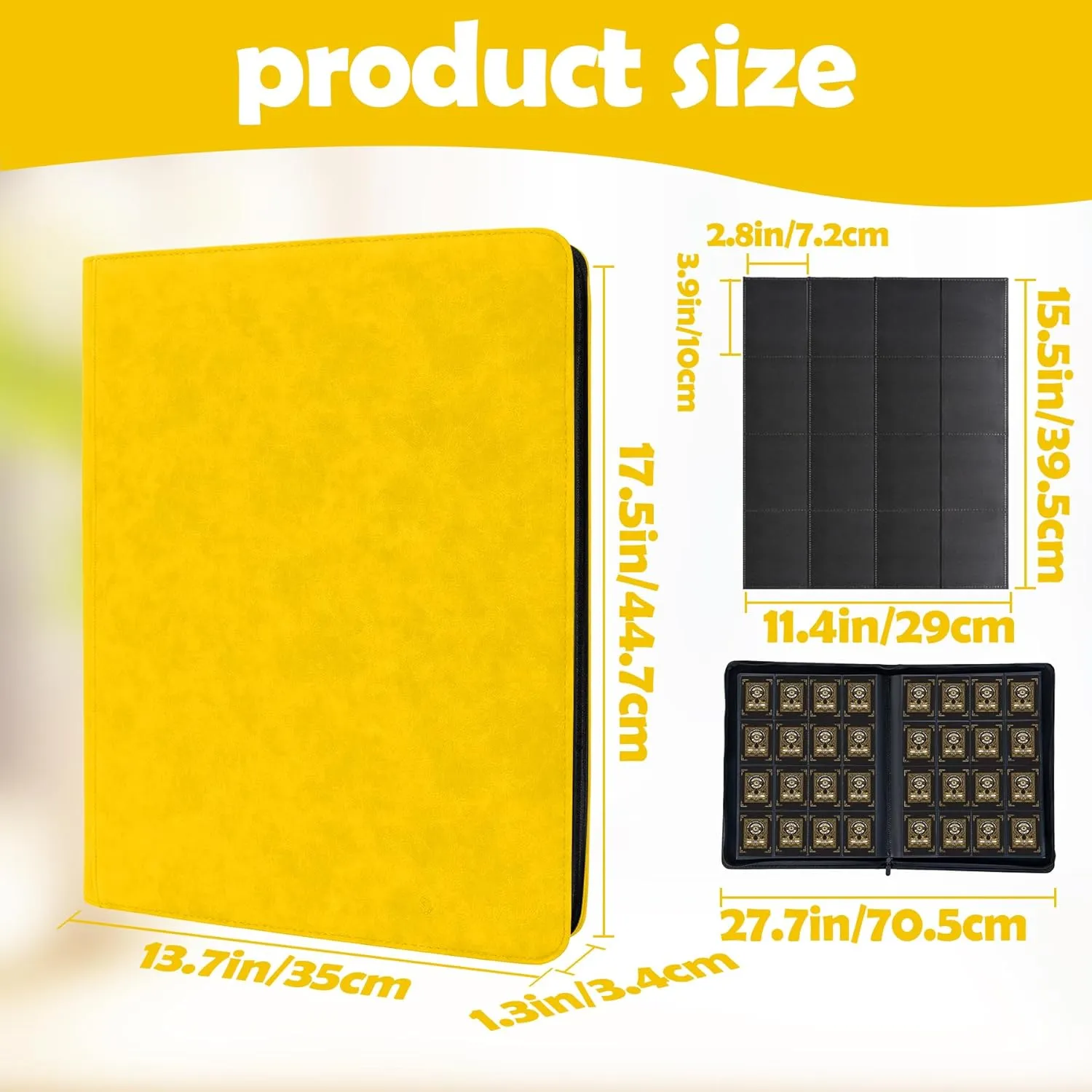1000  Pockets Trading Card Binder, 16 Pockets Trading Card Binder Ringless Side Loading Trading Card Album Folder for TCG,MTG,Sports Cards(Yellow)