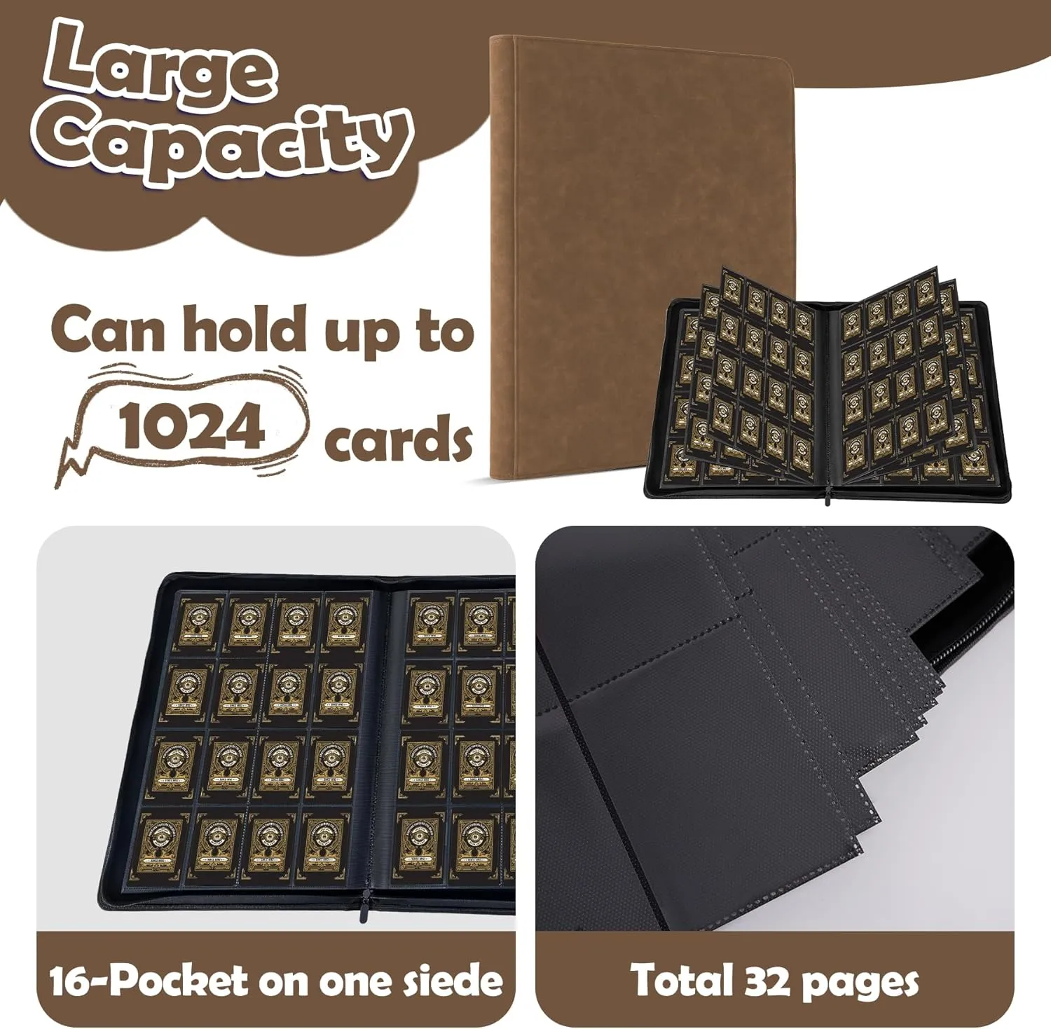 1000  Pockets Trading Card Binder,16 Pockets Trading Card Binder Ringless Side Loading Trading Card Album Folder for TCG,MTG,Sports Cards(coffee)