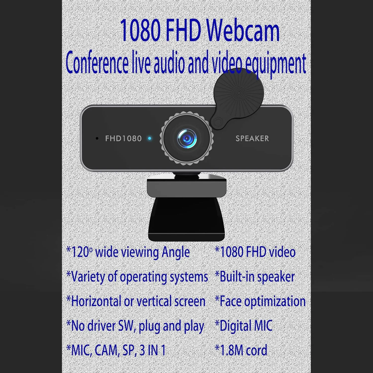 1080P FHD Webcam, USB Web Camera, Compatible with Zoom/Skype/Teams/Webex, PC Mac Desktop, MIC, Camera, Speaker 3 in 1, Face Optimization (1080)…