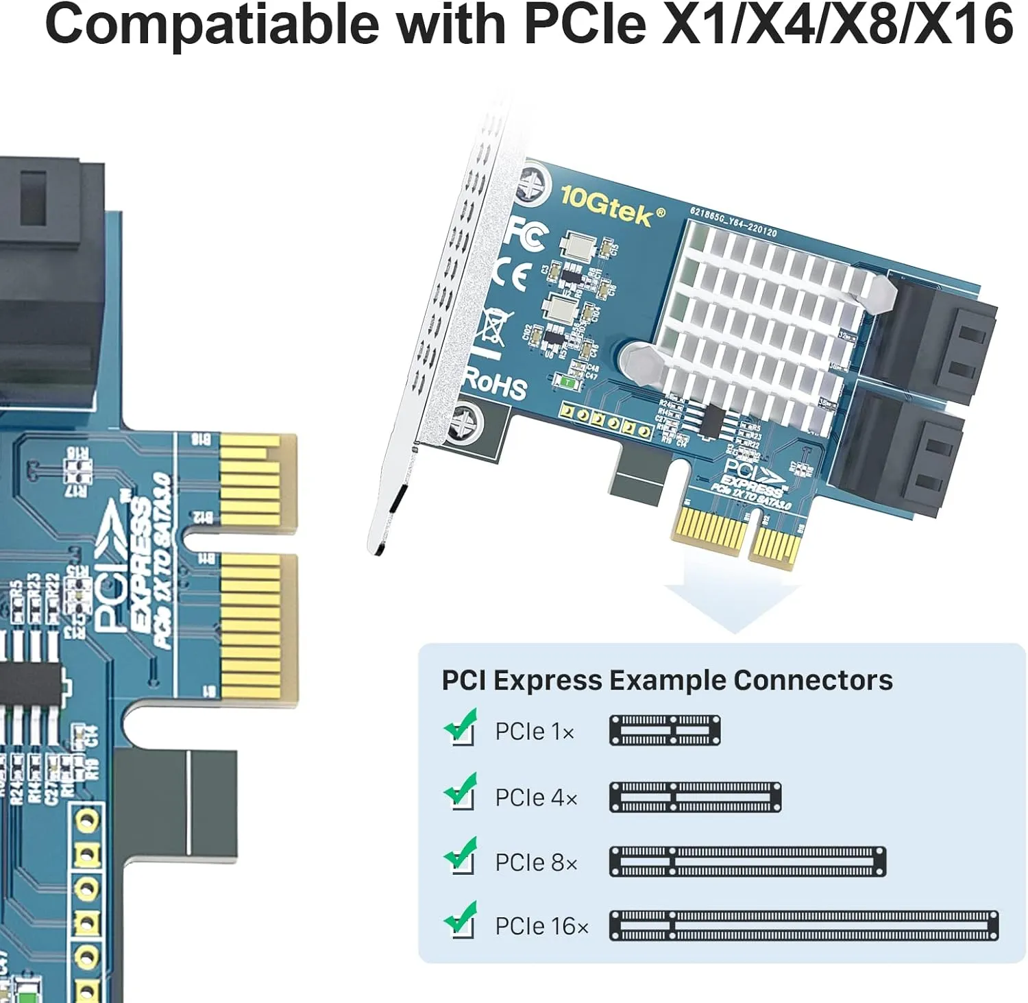 10Gtek PCIe 4-Port SATA Card with 4 Cables and Low Profile Bracket, 6Gbps SATA3.0 Controller, X1, Support 4 SATA 3.0 Devices
