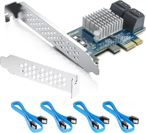 10Gtek PCIe 4-Port SATA Card with 4 Cables and Low Profile Bracket, 6Gbps SATA3.0 Controller, X1, Support 4 SATA 3.0 Devices