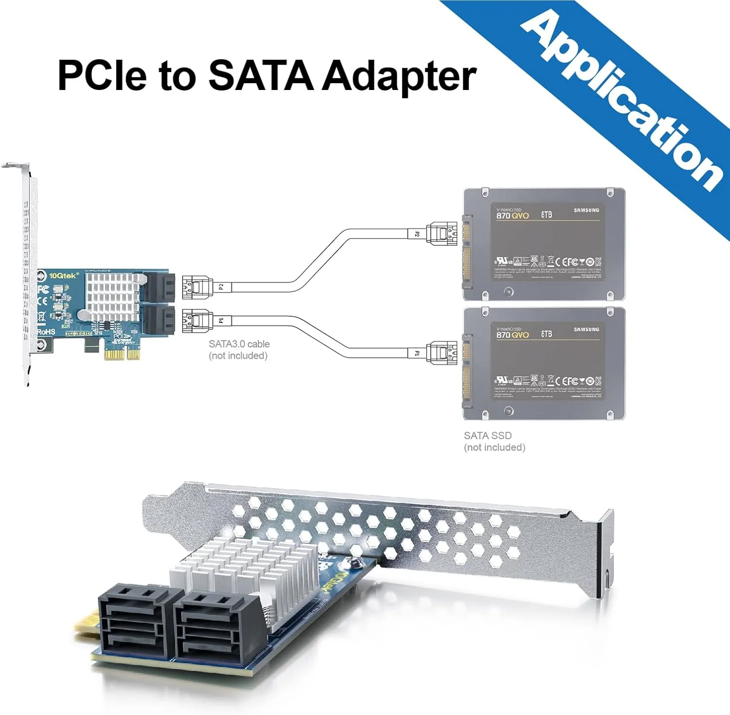 10Gtek PCIe 4-Port SATA Card with 4 Cables and Low Profile Bracket, 6Gbps SATA3.0 Controller, X1, Support 4 SATA 3.0 Devices