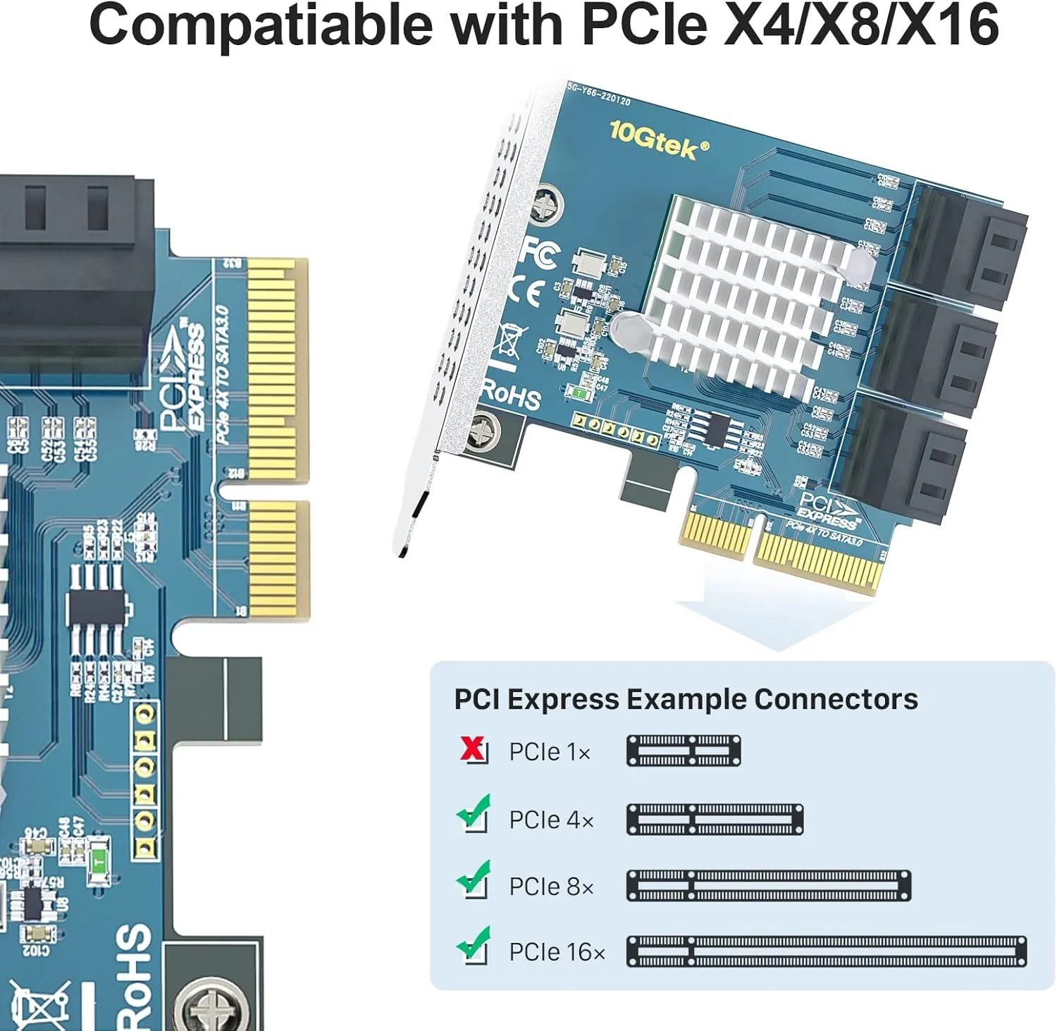 10Gtek PCIe SATA Card 6 Port with 6 SATA Cables and Low Profile Bracket, 6Gbps SATA3.0 Controller PCI Express Expansion Card, X4, Support 6 SATA 3.0 Devices