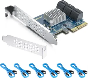 10Gtek PCIe SATA Card 6 Port with 6 SATA Cables and Low Profile Bracket, 6Gbps SATA3.0 Controller PCI Express Expansion Card, X4, Support 6 SATA 3.0 Devices