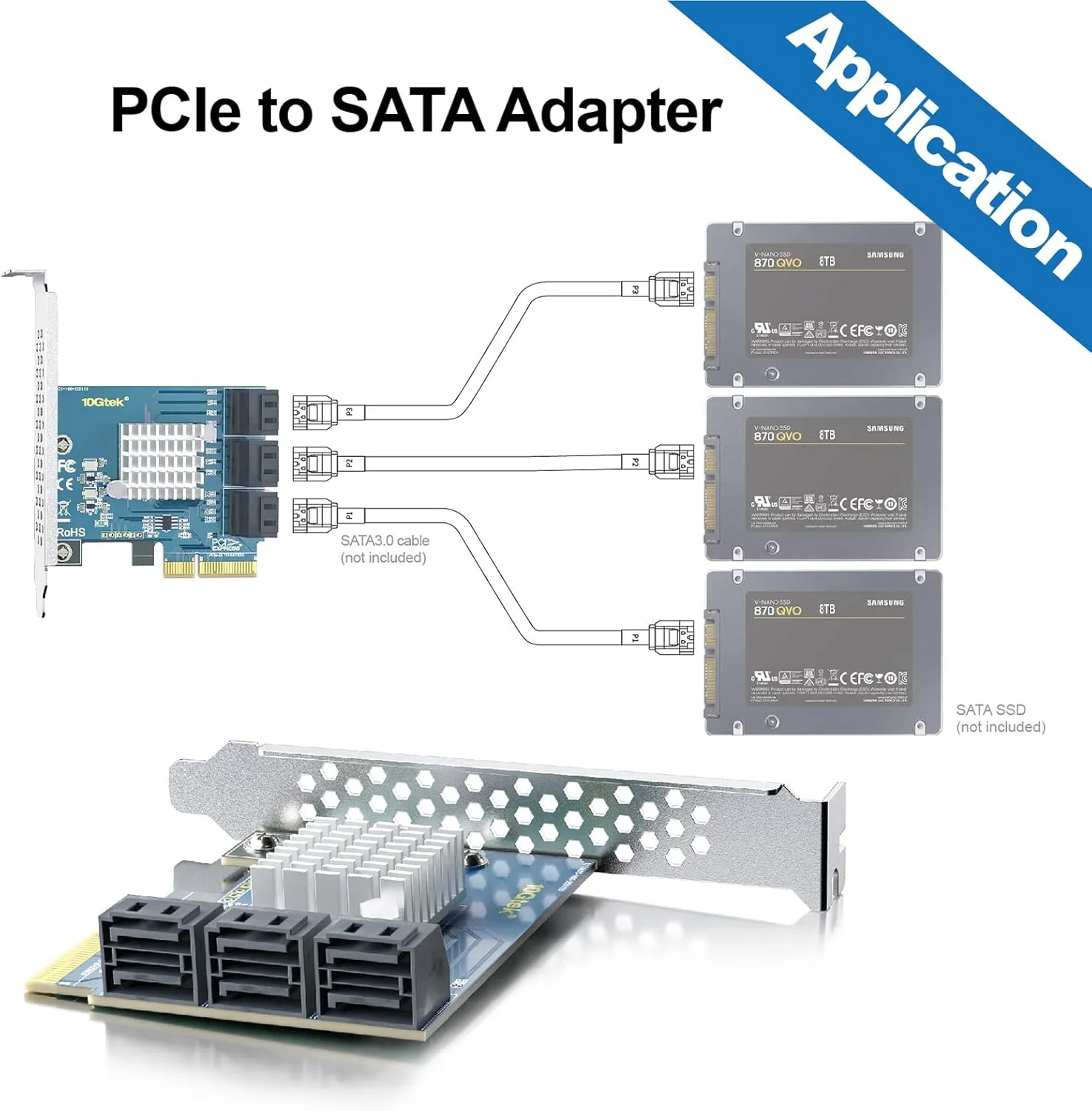 10Gtek PCIe SATA Card 6 Port with 6 SATA Cables and Low Profile Bracket, 6Gbps SATA3.0 Controller PCI Express Expansion Card, X4, Support 6 SATA 3.0 Devices