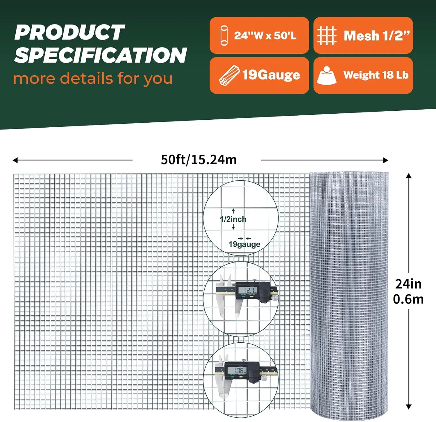 1/2'' 24'' X 50' Hardware Cloth, Chicken Wire Fencing Double Layer Hot Dip Galvanized, Wire Mesh Fence Chicken Rabbit Snake Cage Wire Fence Mesh Roll, for Chicken Coops, Fencing, Garden Protection