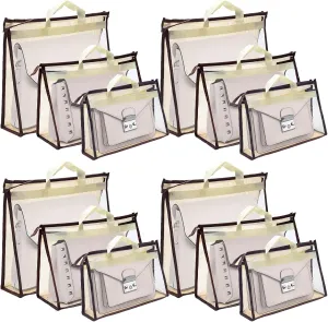 12pcs Dust Bags for Handbags, Clear Storage Bags for Women, 3 Size Purse Organizer Cover, Hanging Closet Organizer With Zipper (Beige)