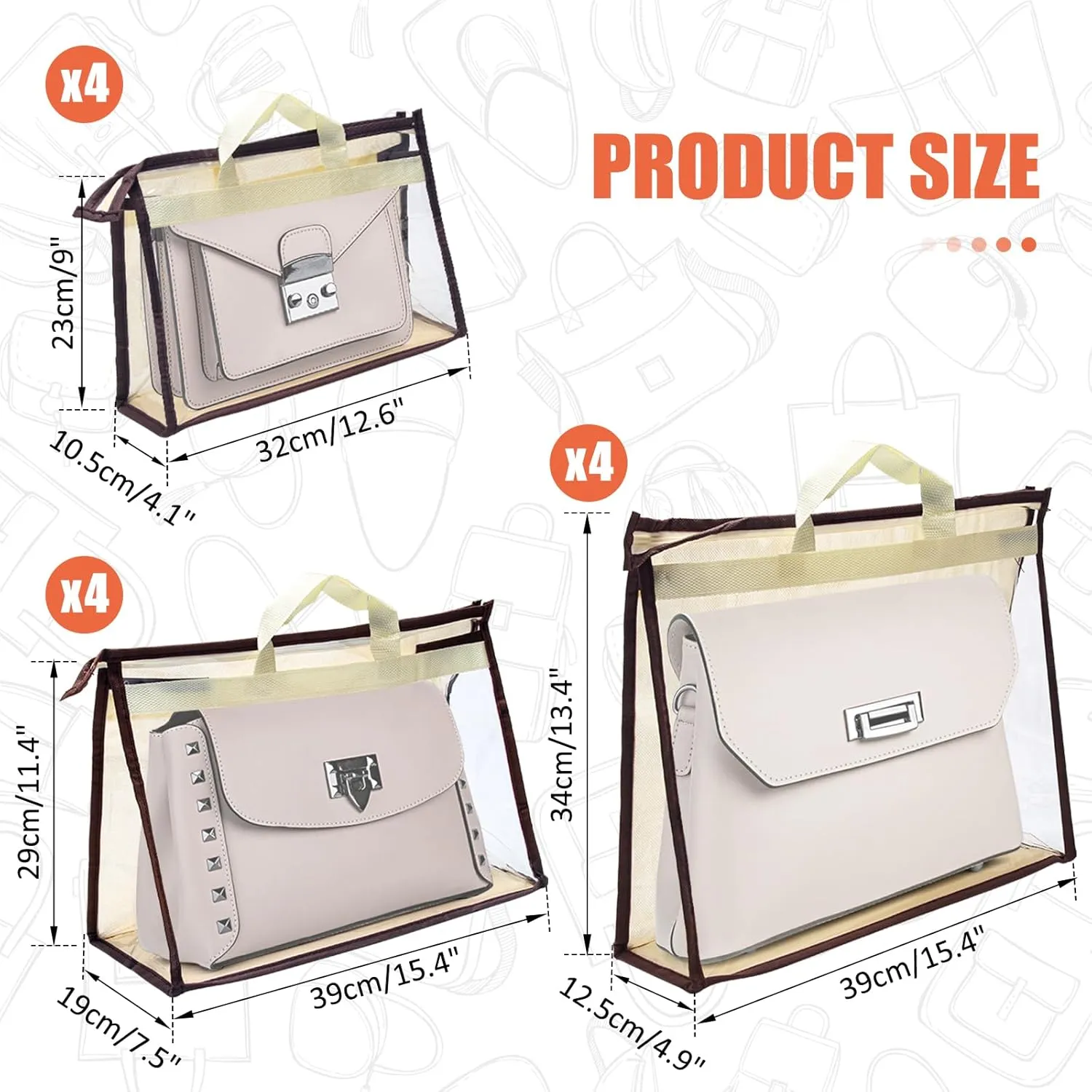 12pcs Dust Bags for Handbags, Clear Storage Bags for Women, 3 Size Purse Organizer Cover, Hanging Closet Organizer With Zipper (Beige)
