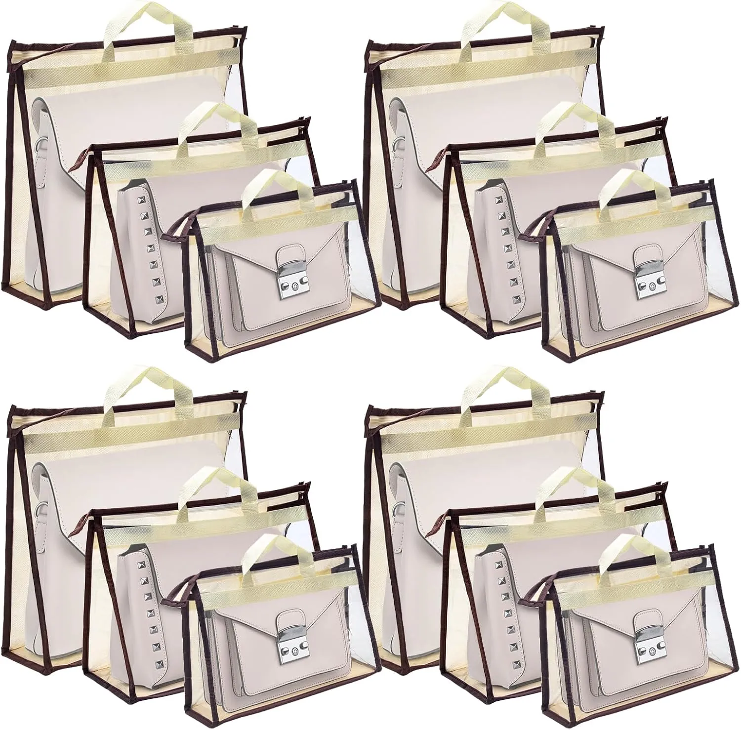 12pcs Dust Bags for Handbags, Clear Storage Bags for Women, 3 Size Purse Organizer Cover, Hanging Closet Organizer With Zipper (Beige)