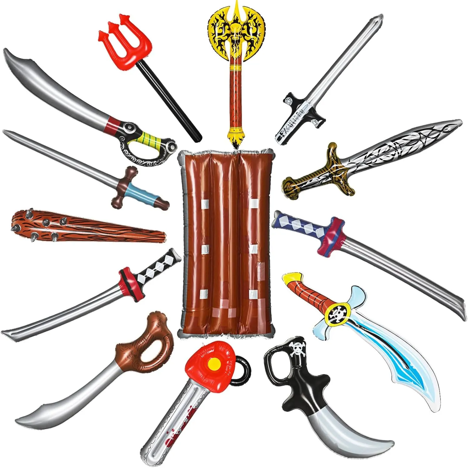 14 Pcs Inflatable Weapons Party Props Set Inflatable Sword Pirate Party Swords Inflatable Axes Shields Chainsaws Blow up Party Favors for Carnival Halloween Birthday Cosplay Party Supplies