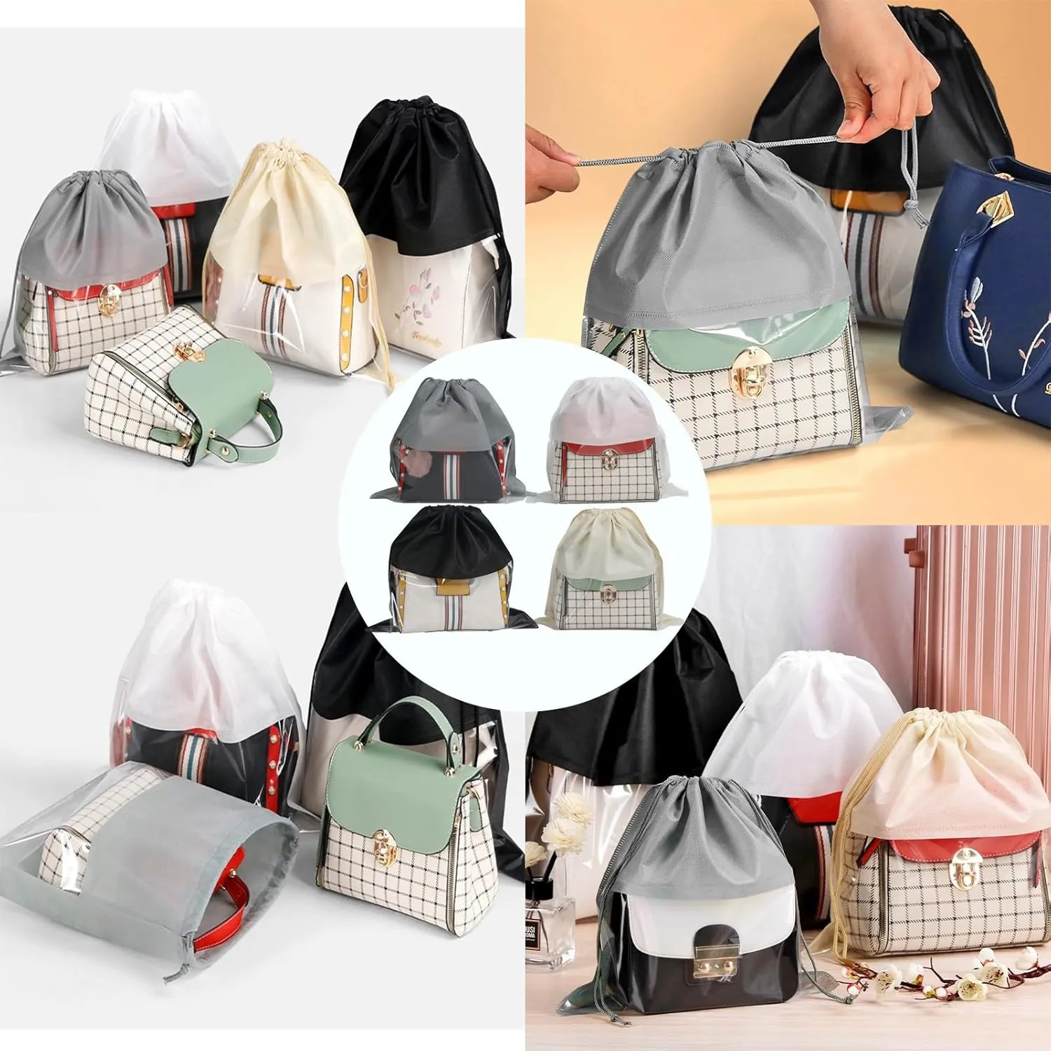 15 Packs Dust Bags for Gray Handbags, Clear Gray Handbag and Purse Storage Organizer, 18"x18" / 45x45 cm Non-Woven Drawstring Cover with Window