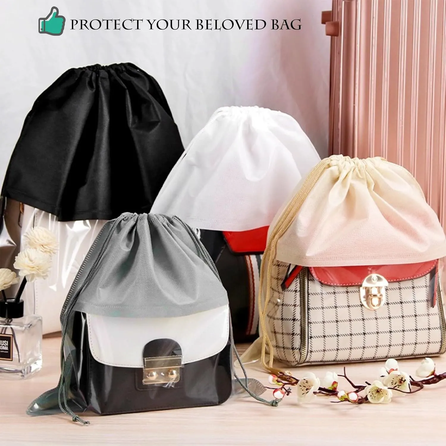 15 Packs Dust Bags for Gray Handbags, Clear Gray Handbag and Purse Storage Organizer, 18"x18" / 45x45 cm Non-Woven Drawstring Cover with Window