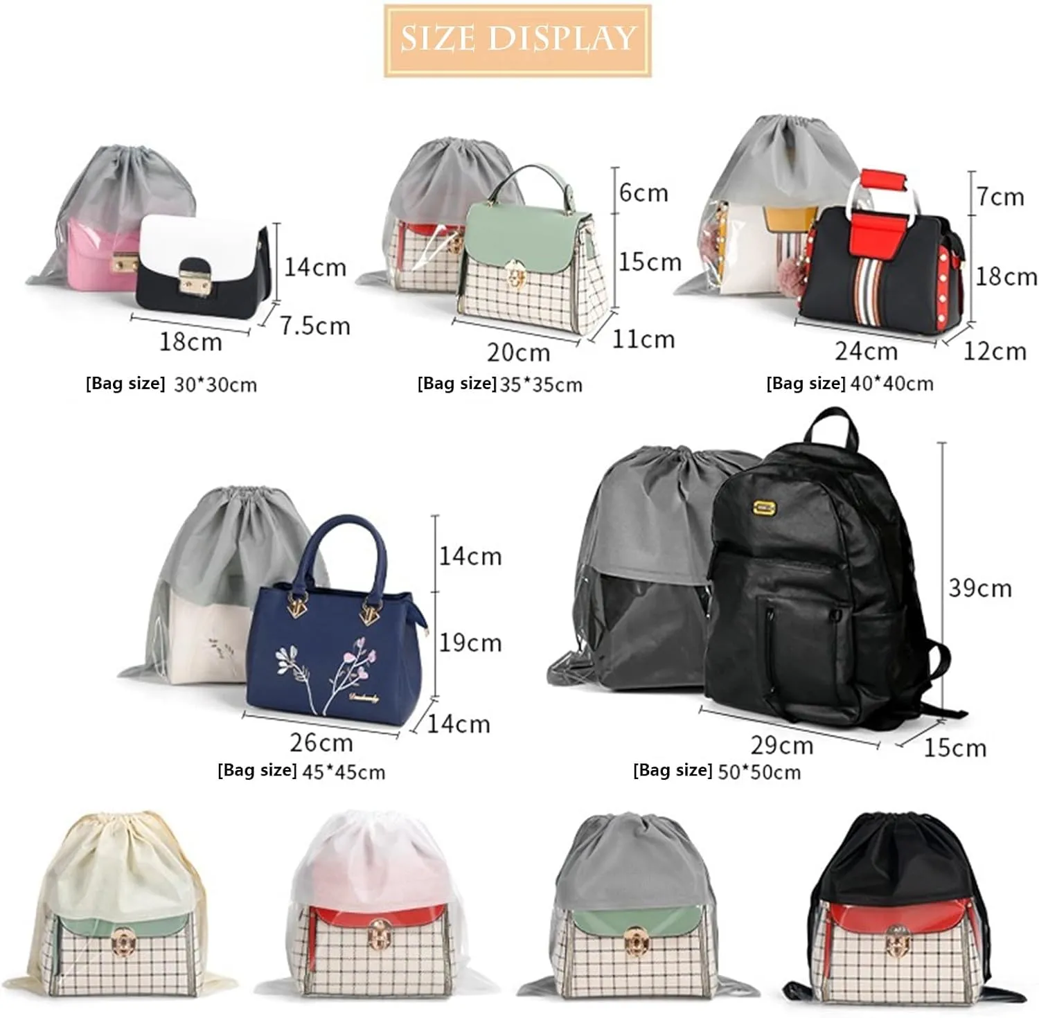15 Packs Dust Bags for Gray Handbags, Clear Gray Handbag and Purse Storage Organizer, 18"x18" / 45x45 cm Non-Woven Drawstring Cover with Window