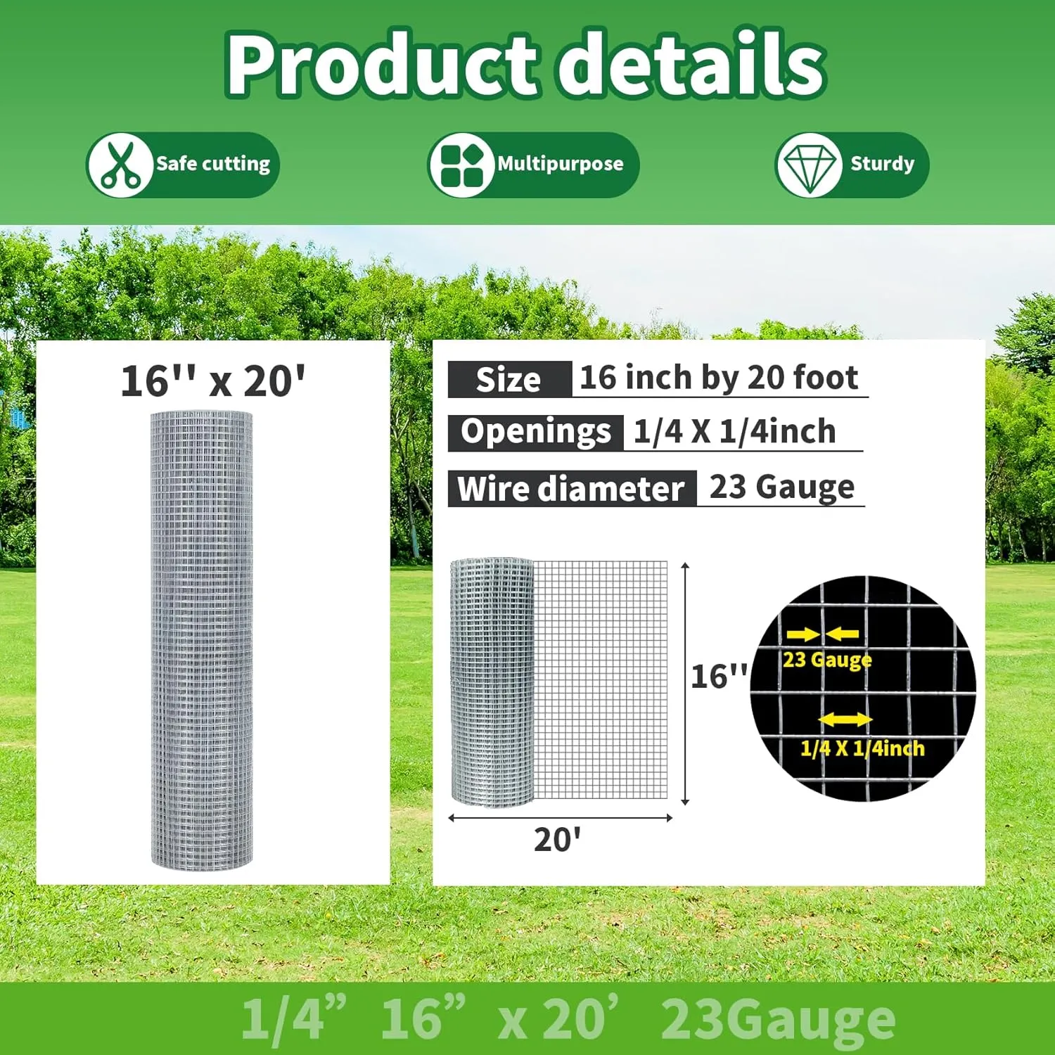 16'' x 20' Hardware Cloth 1/4 inch 23 Gauge, Hot-dip Galvanized After Welding, Chicken Coop Wire Fence Wire Mesh Screen, Rabbit/Snake Fences, Netting Wire Cloth Galvanized Wire Mesh Roll