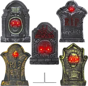 17”Rip Tombstones Halloween Decorations Outdoor (5 Pack) with LED Light Up Headstones for Graves Scary Gravestones Halloween Yard Signs Vintage Glow in The Dark Cemetery Lawn Graveyard Decor Outside