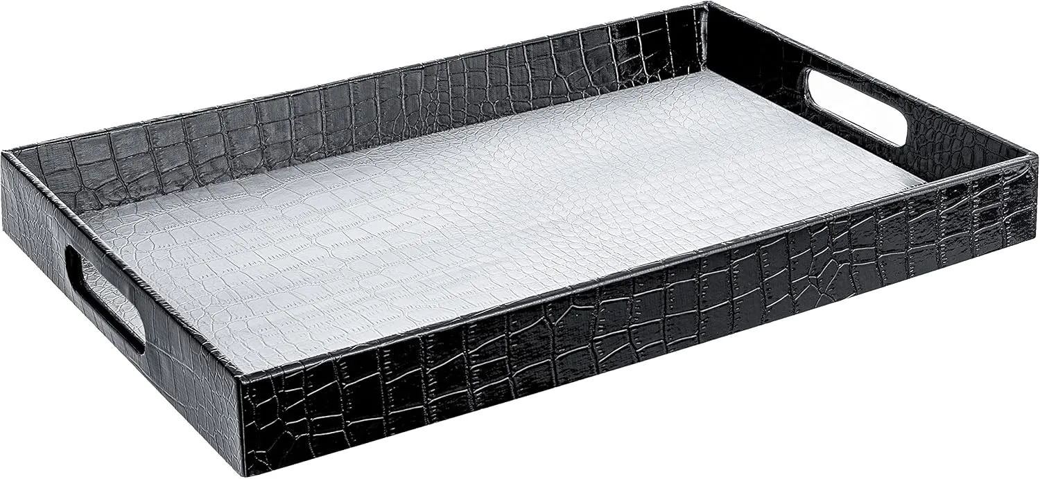 18"x12" Silver & Black Glossy Crocodile Faux Leather Serving Tray Beautiful Modern Elegant Decorative Tray with Handles Ottoman Coffee Table Tv Remote Storage for All Occasion's