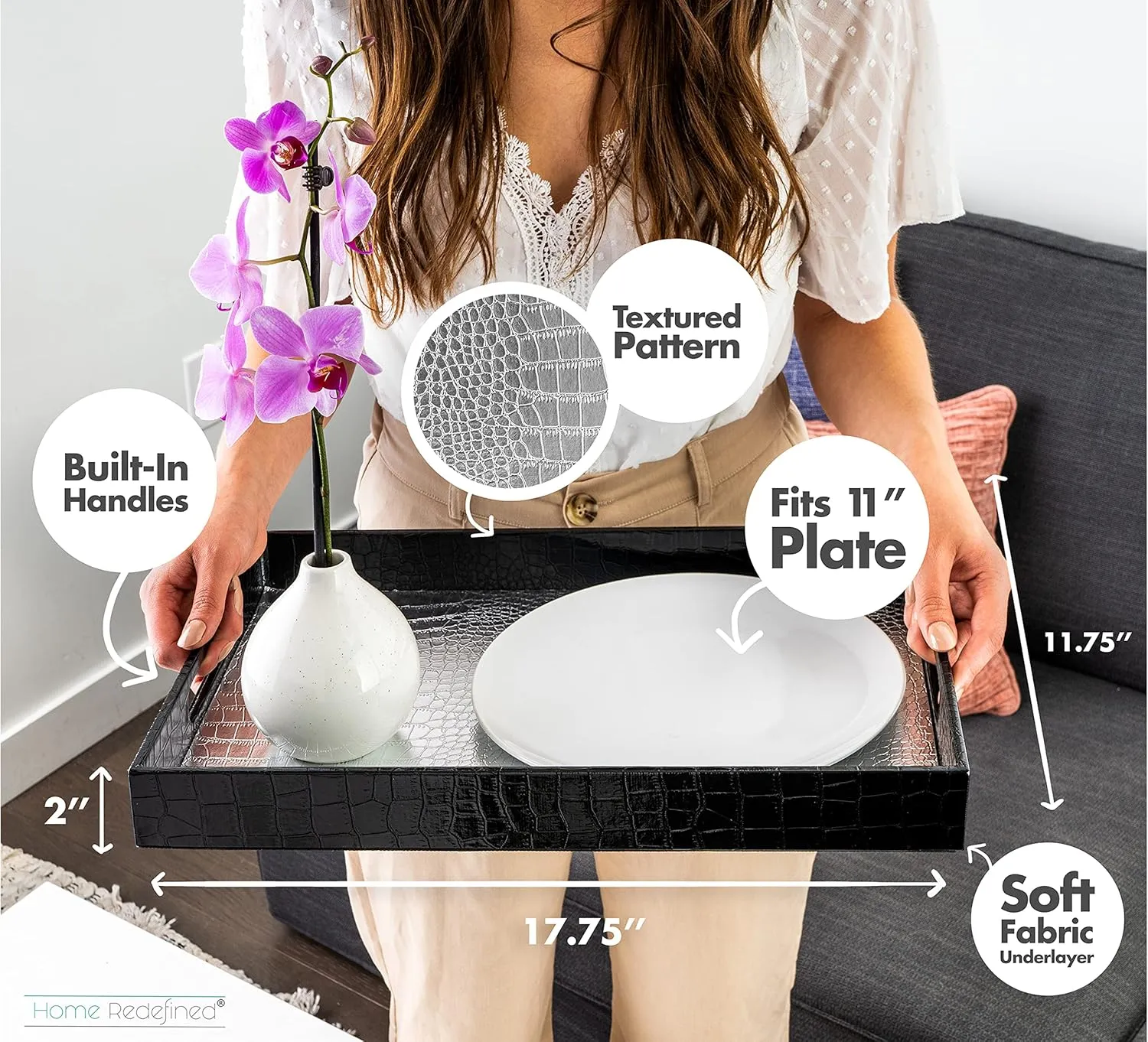 18"x12" Silver & Black Glossy Crocodile Faux Leather Serving Tray Beautiful Modern Elegant Decorative Tray with Handles Ottoman Coffee Table Tv Remote Storage for All Occasion's