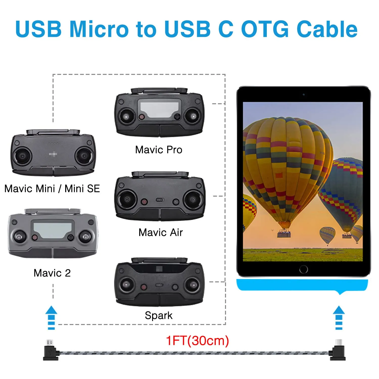 1FT 0.5FT(2 pack) Micro to USB C Remote Controller Cable for IPhone 15 Pro, DJI Mavic Mini,Mini SE, Mavic 2 Pro/Zoom,Mavic Air,Mavic Pro, Spark, DJI Drone to Tablet Cable OTG Data Cord Accessories