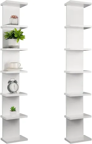 2 Pack 7 Tier Wall Shelf Unit - Lack Floating Shelf, Compact Display Floating Shelf, Vertical Column Wall Decor Mount Floating Storage Organizer Tall Tower Shelf for Bedrooms, Living Rooms(White)