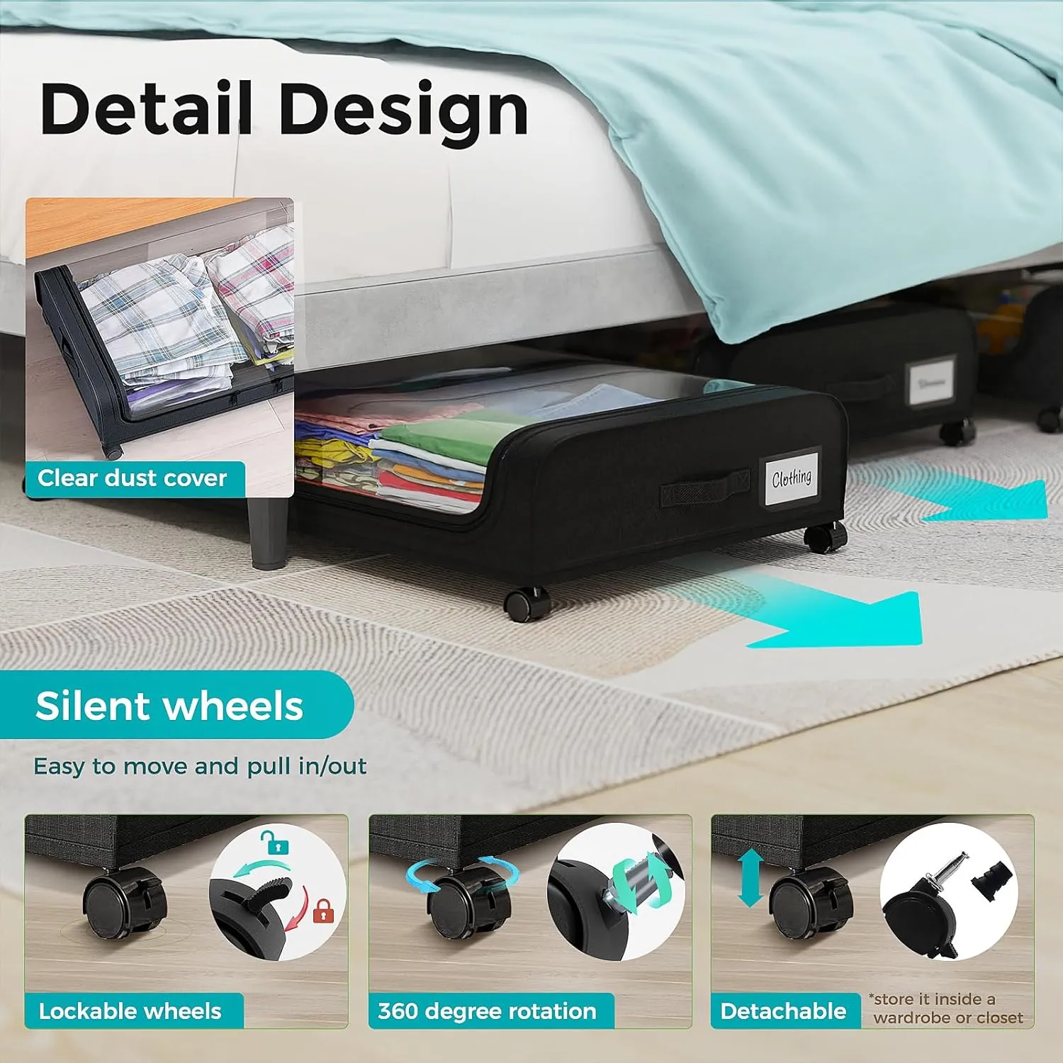 2 Pack Under Bed Storage with Wheels, Under Bed Shoe Storage Larger Capacity with PVC Clear Window & Label, Under the Bed Storage Containers for Shoe Clothes Toy Book(Black)