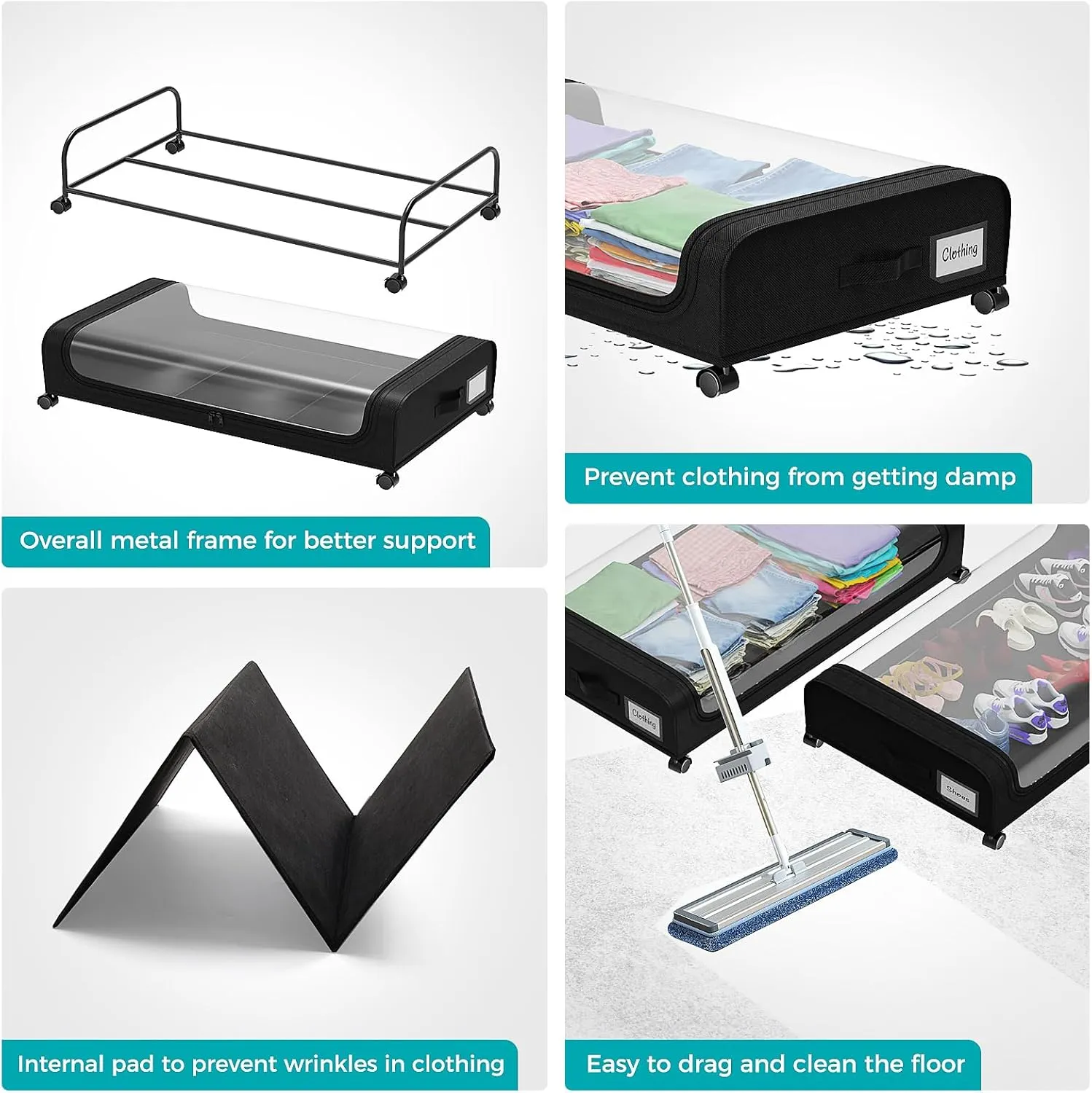 2 Pack Under Bed Storage with Wheels, Under Bed Shoe Storage Larger Capacity with PVC Clear Window & Label, Under the Bed Storage Containers for Shoe Clothes Toy Book(Black)