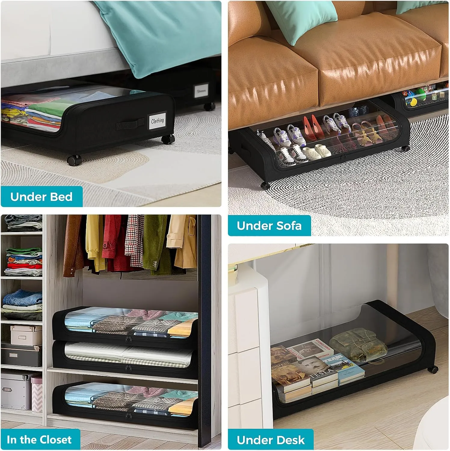2 Pack Under Bed Storage with Wheels, Under Bed Shoe Storage Larger Capacity with PVC Clear Window & Label, Under the Bed Storage Containers for Shoe Clothes Toy Book(Black)