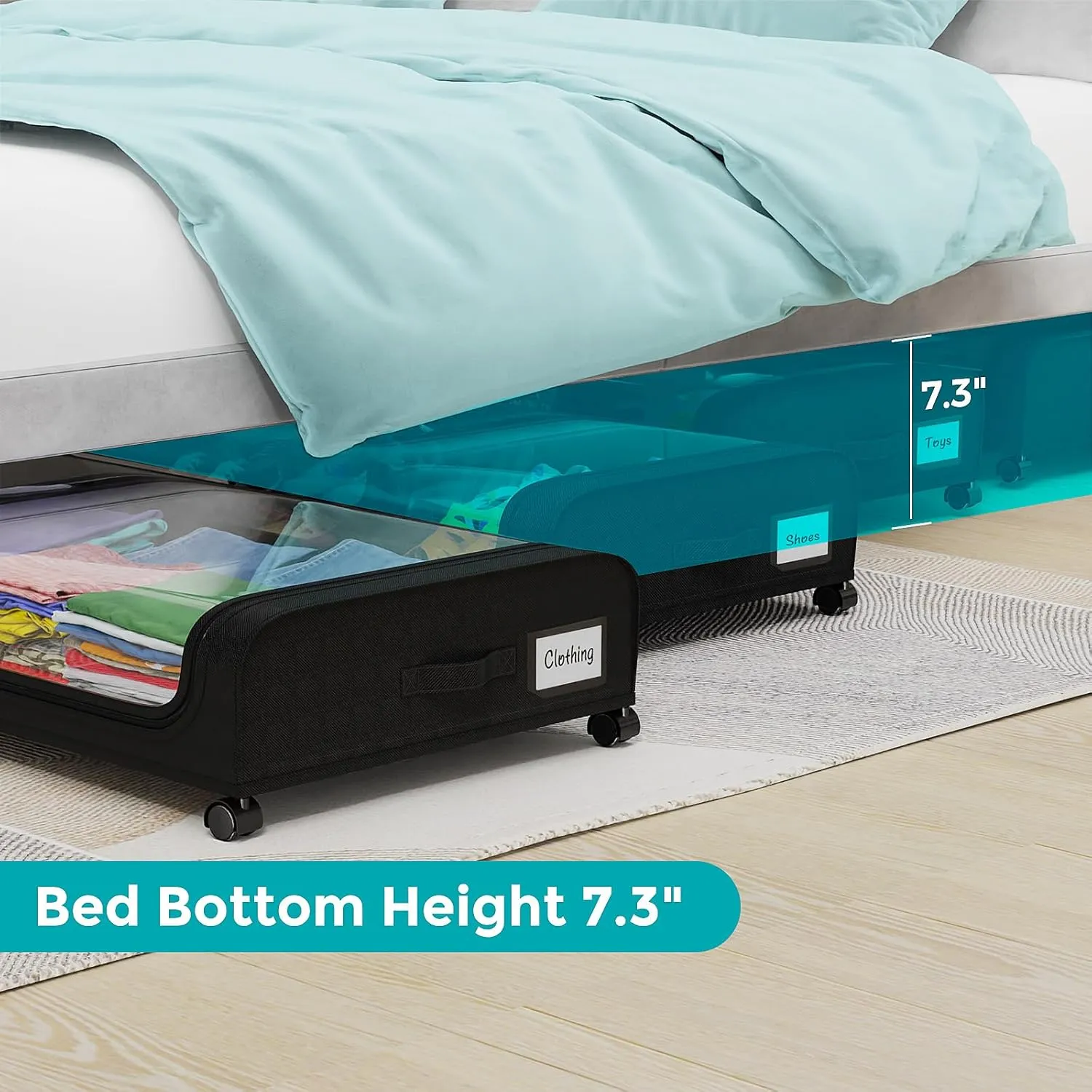 2 Pack Under Bed Storage with Wheels, Under Bed Shoe Storage Larger Capacity with PVC Clear Window & Label, Under the Bed Storage Containers for Shoe Clothes Toy Book(Black)