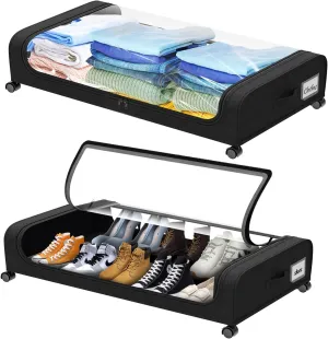 2 Pack Under Bed Storage with Wheels, Under Bed Shoe Storage Larger Capacity with PVC Clear Window & Label, Under the Bed Storage Containers for Shoe Clothes Toy Book(Black)