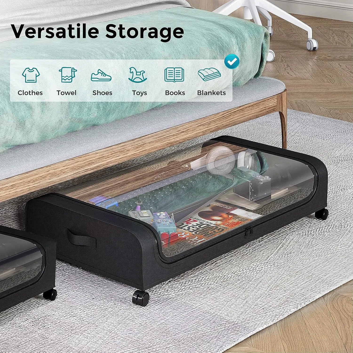 2 Pack Under Bed Storage with Wheels, Under Bed Shoe Storage Larger Capacity with PVC Clear Window & Label, Under the Bed Storage Containers for Shoe Clothes Toy Book(Black)