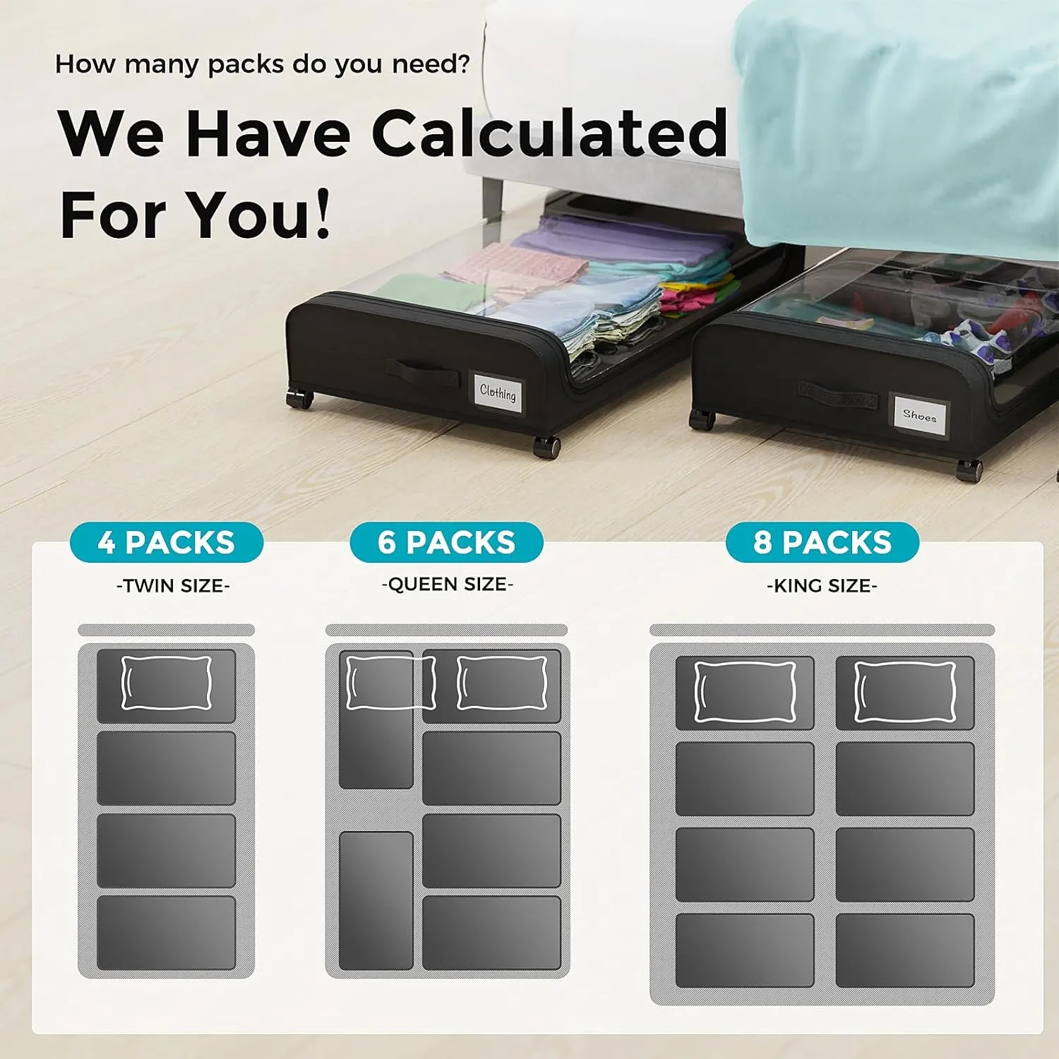 2 Pack Under Bed Storage with Wheels, Under Bed Shoe Storage Larger Capacity with PVC Clear Window & Label, Under the Bed Storage Containers for Shoe Clothes Toy Book(Black)
