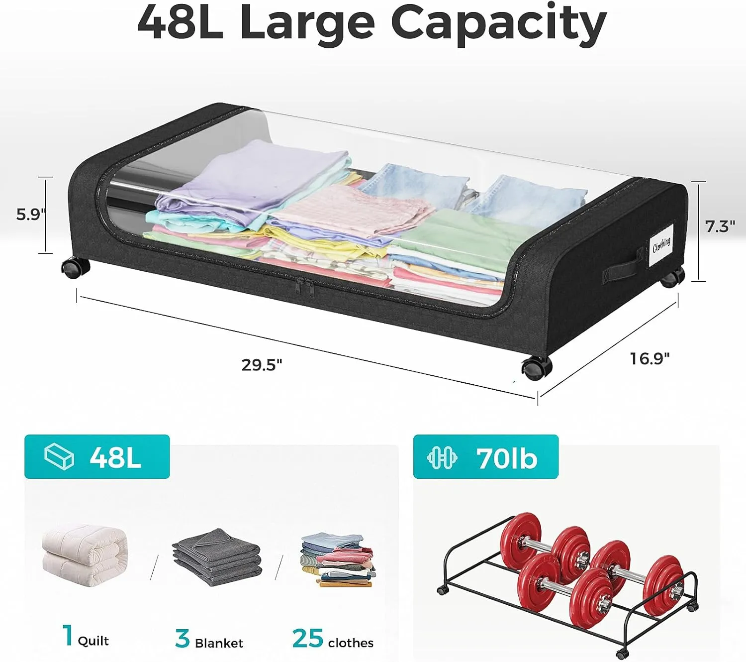 2 Pack Under Bed Storage with Wheels, Under Bed Shoe Storage Larger Capacity with PVC Clear Window & Label, Under the Bed Storage Containers for Shoe Clothes Toy Book(Black)
