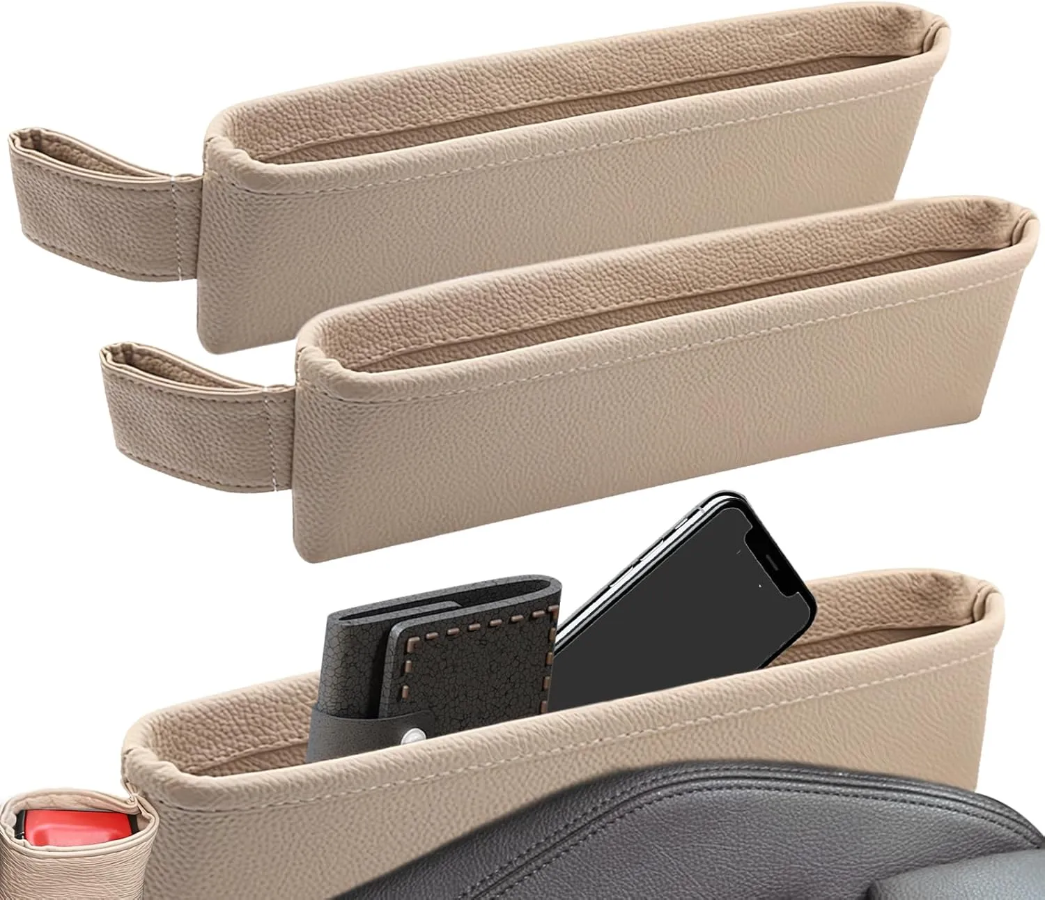 2 Pack Update Car Seat Gap Filler Organizer Leather Console Storage Box Front Side Pocket Seats Organizers Filler Interior Car Accessories for Phone Wallet Coin Key Sunglasses (Off-White)