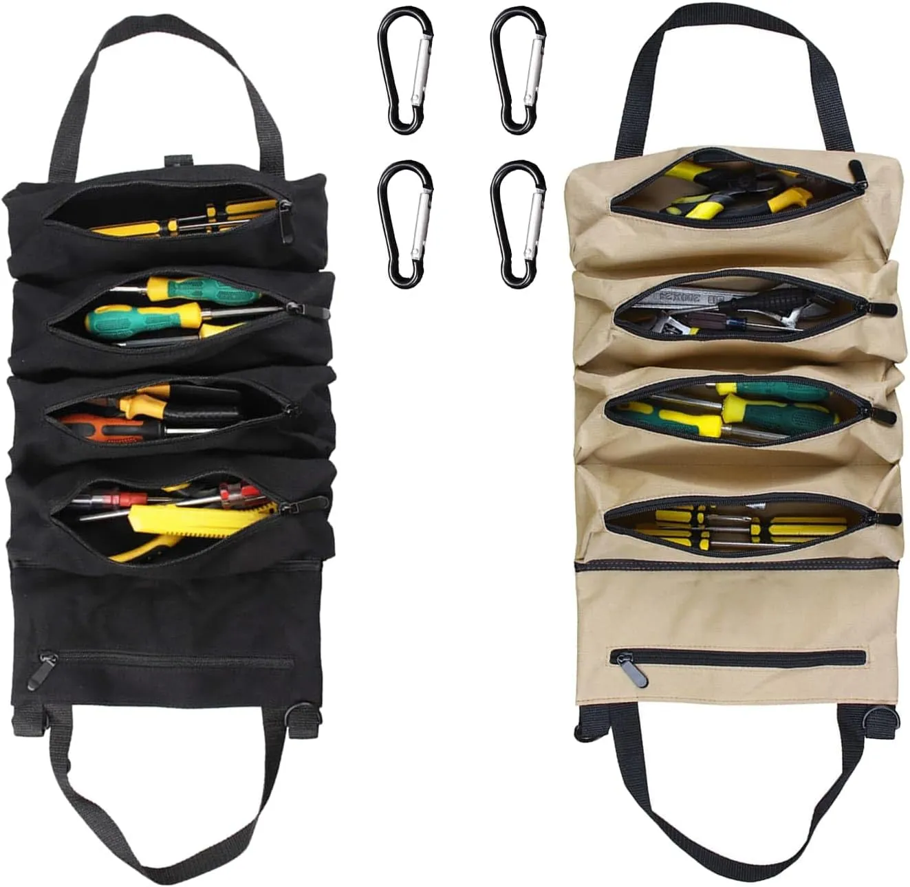 2 PCS Roll up Tool Bag,Small Tool Roll,Motorcycle Tool Roll,Portable Tool Bag for Daily Travel (Black and Khaki)