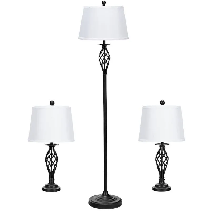 2 Table Lamps 1 Floor Lamp Set with Fabric Shades - Color: White