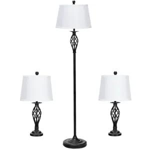 2 Table Lamps 1 Floor Lamp Set with Fabric Shades - Color: White