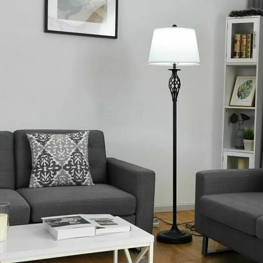 2 Table Lamps 1 Floor Lamp Set with Fabric Shades - Color: White