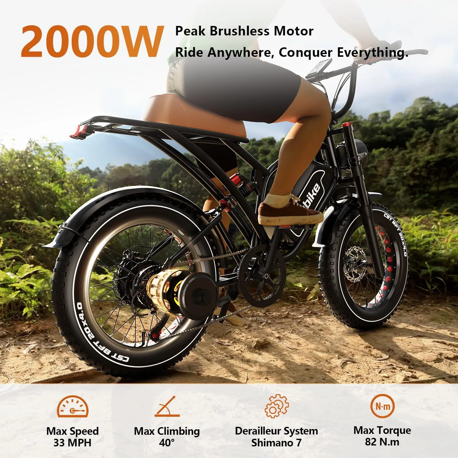 2000W/3000W Peak Single/Dual Motor Electric Bike for Adults with 48/52V 25/30AH Battery, Fat Tires Mountain E-Bike, Hydraulic Disc Brake Electric Bicycle