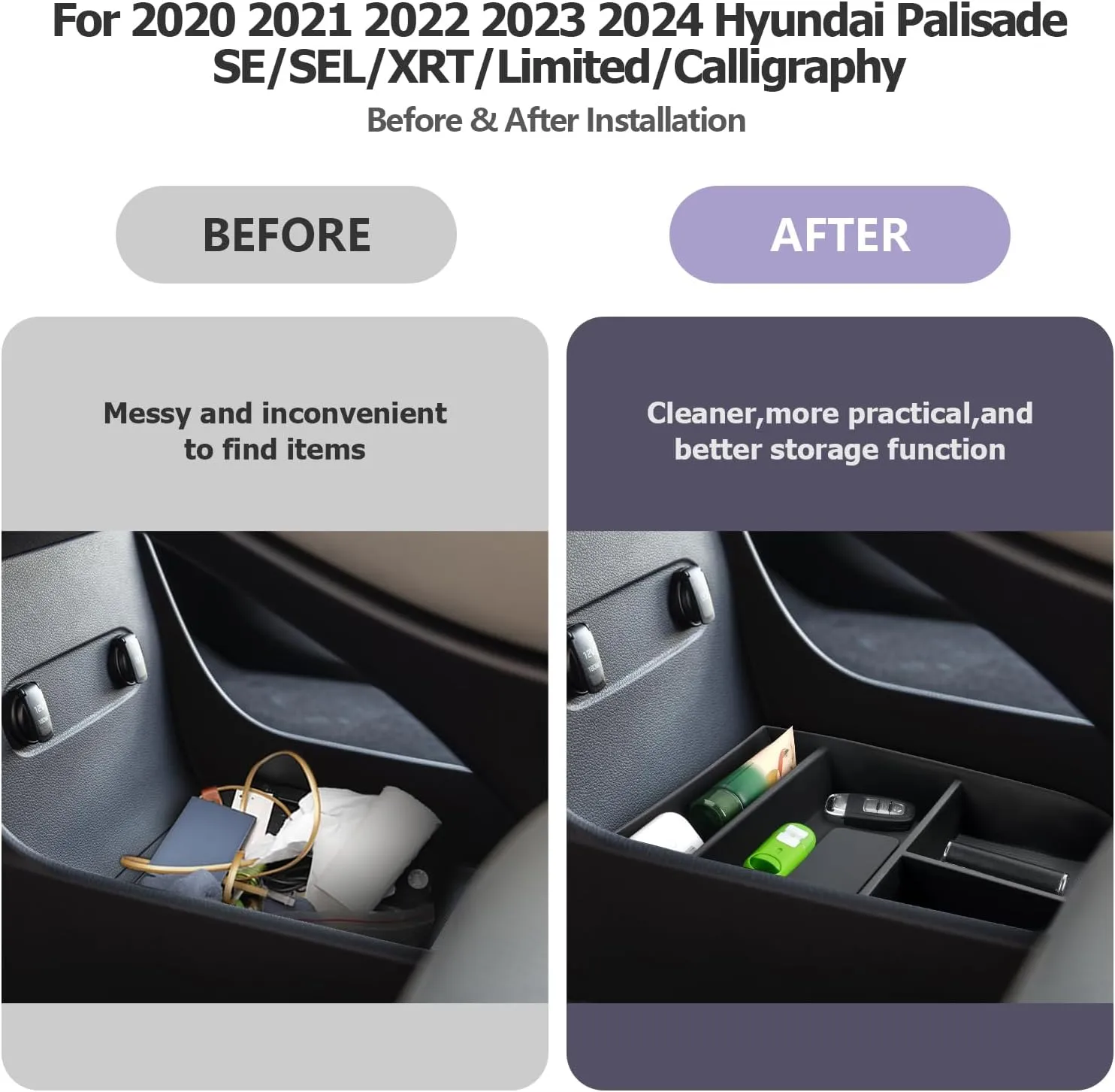 2025 Palisade Organizer for 2020 2021 2022 2023 2024 2025 Hyundai Palisade SE/SEL/XRT/Limited/Calligraphy Center Console Organizer Under Armrest Organizer Insert Tray 2025 Palisade Accessories 2PCS