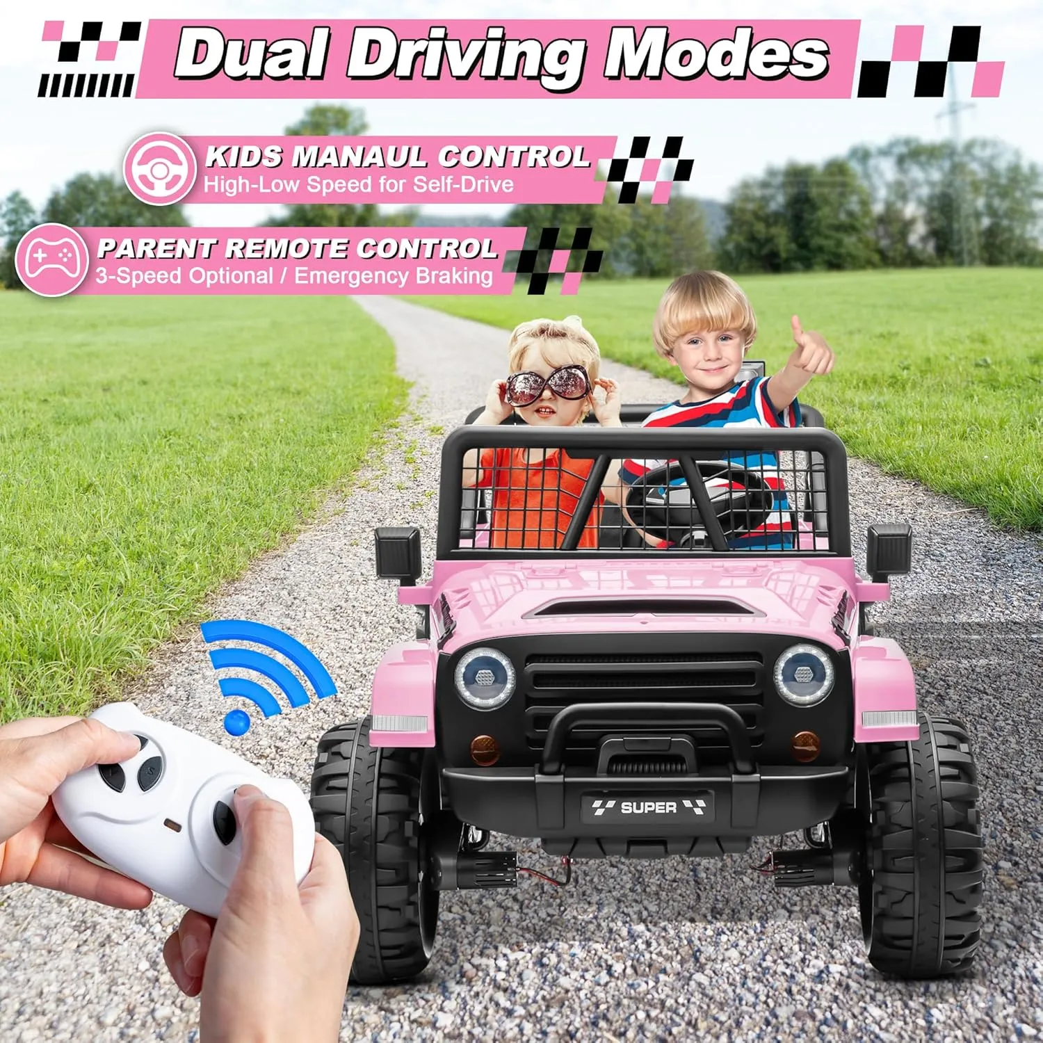 24V XL Ride on Car with Remote Control, 2 Seater 4WD/2WD Switchable Electric Car for Kids w/20 Inch Wide Seat, Gift Flower, 4X200W Power Car Wheels 24 Volt Big Truck for Boys Girls, Pink