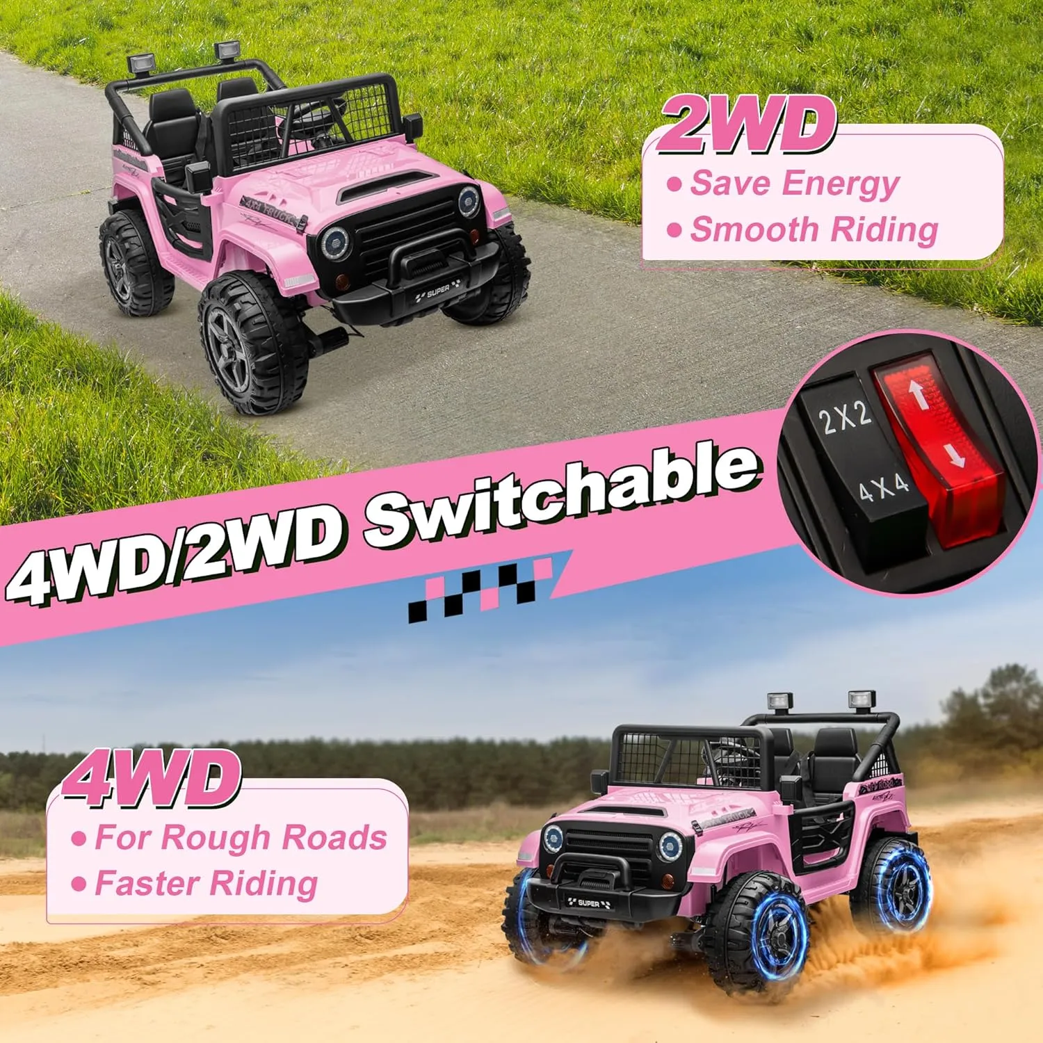 24V XL Ride on Car with Remote Control, 2 Seater 4WD/2WD Switchable Electric Car for Kids w/20 Inch Wide Seat, Gift Flower, 4X200W Power Car Wheels 24 Volt Big Truck for Boys Girls, Pink