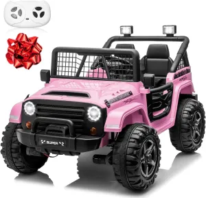 24V XL Ride on Car with Remote Control, 2 Seater 4WD/2WD Switchable Electric Car for Kids w/20 Inch Wide Seat, Gift Flower, 4X200W Power Car Wheels 24 Volt Big Truck for Boys Girls, Pink