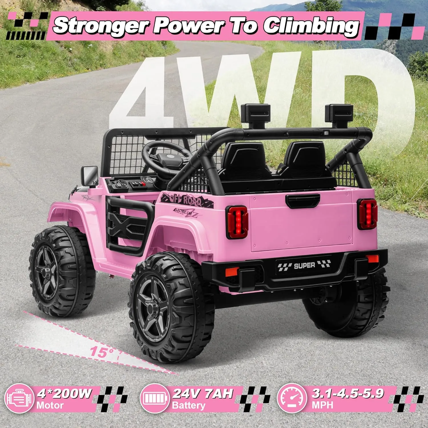 24V XL Ride on Car with Remote Control, 2 Seater 4WD/2WD Switchable Electric Car for Kids w/20 Inch Wide Seat, Gift Flower, 4X200W Power Car Wheels 24 Volt Big Truck for Boys Girls, Pink