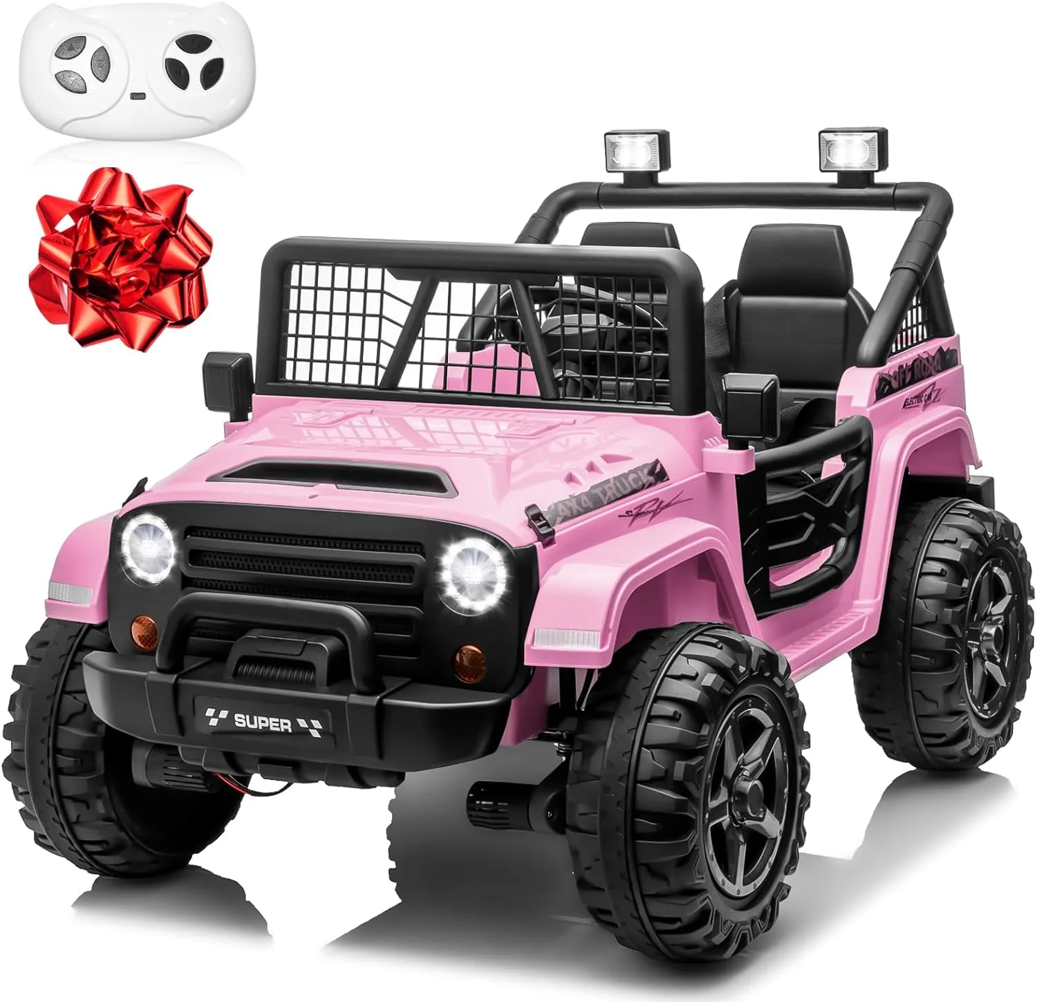 24V XL Ride on Car with Remote Control, 2 Seater 4WD/2WD Switchable Electric Car for Kids w/20 Inch Wide Seat, Gift Flower, 4X200W Power Car Wheels 24 Volt Big Truck for Boys Girls, Pink