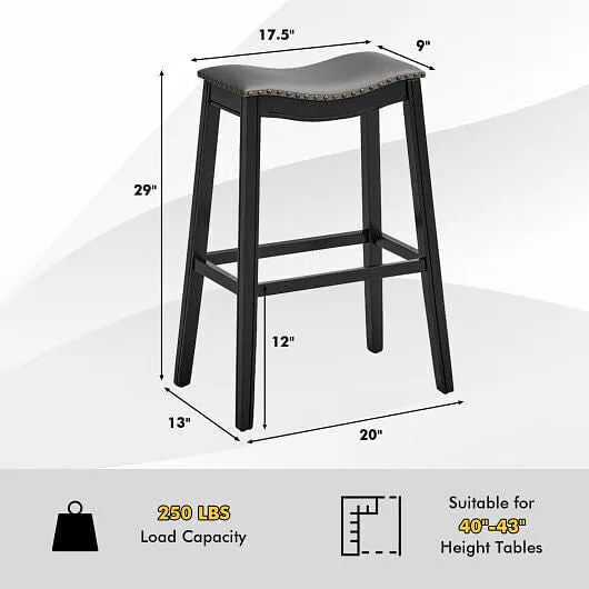 29 Inch Set of 2 Backless Wood Nailhead Barstools with PVC Leather Seat-Black -